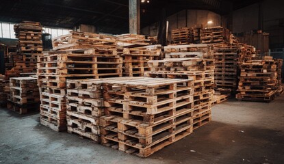 Wooden pallets stacked in a large warehouse