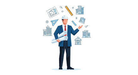 Vector illustration of a professional architect in a hard hat holding blueprints, surrounded by building and construction icons.