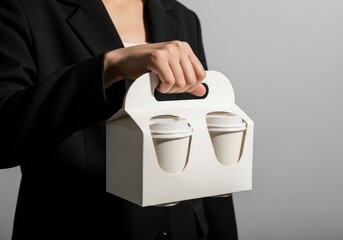 Woman carrying two disposable coffee cups in a white cardboard carrier elegant and sophisticated