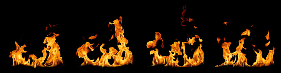 Orange fire flames burning isolated on black background, abstract texture symbolizing heat, energy,...