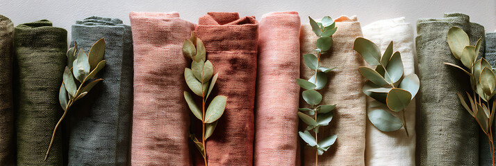 A harmonious row of rolled natural fabric swatches in earthy tones, adorned with eucalyptus leaves, symbolizing sustainable textiles and eco-friendly design.
