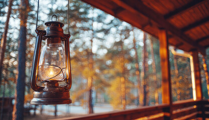 Warm glow of a lantern hanging in a rustic cabin during sunset in a forest