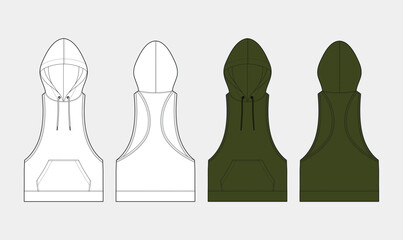 Men's sleeveless hoodie muscle sweatshirt sketch, gym sleeveless hoodie, technical fashion drawing, front and back view, apparel template vector illustration