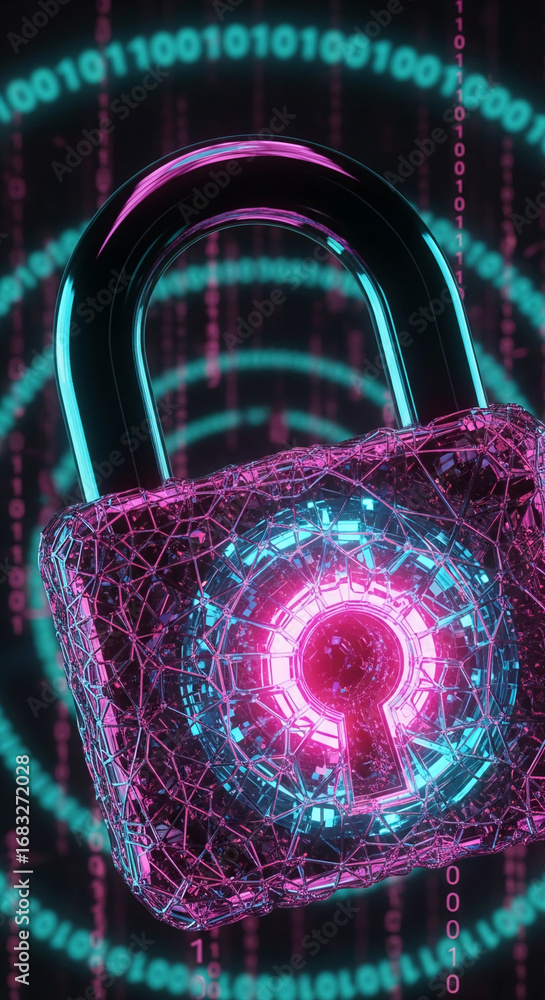 Poster cybersecurity padlock with neon pink and teal glow, detailed mesh structure, binary code background,