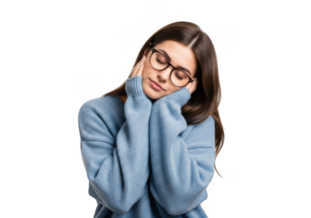 Young woman wearing glasses and sweater with eyes closed in relaxed pose transparent background
