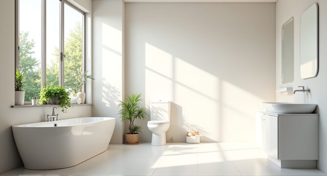 Bright, minimalist bathroom with a large window, freestanding tub, and modern fixtures. Sun shines on the clean, spacious interior. - Powered by Adobe