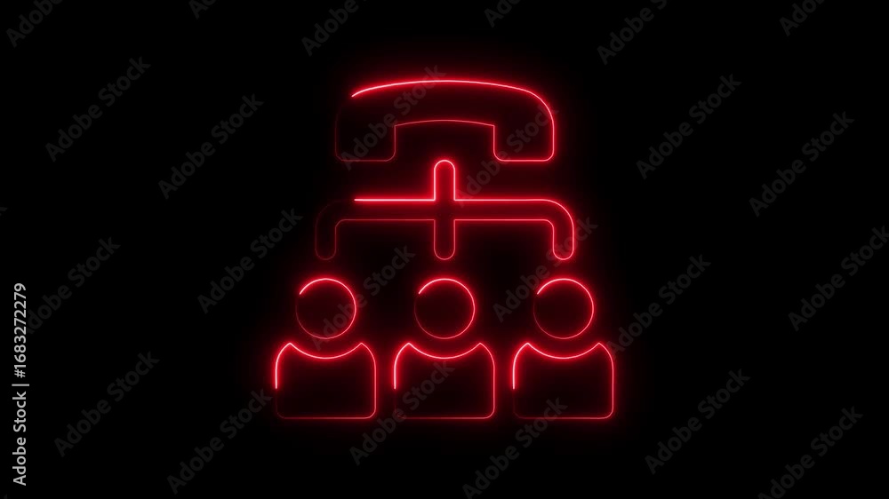 Poster neon red animated phone call connection with team members on black background