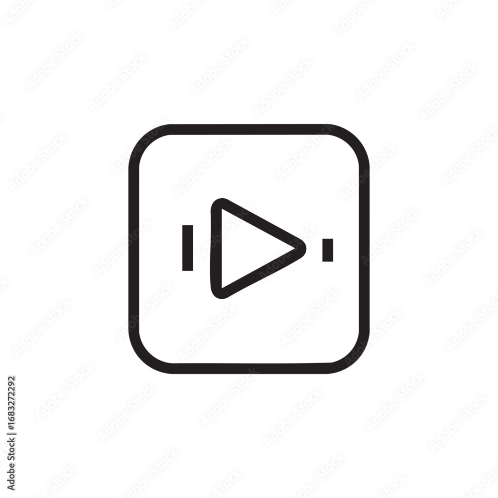 Poster a line drawing of a play button inside a box.