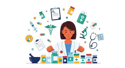 Female pharmacist at a counter with a variety of medicines, pills, and healthcare icons in a flat vector illustration.