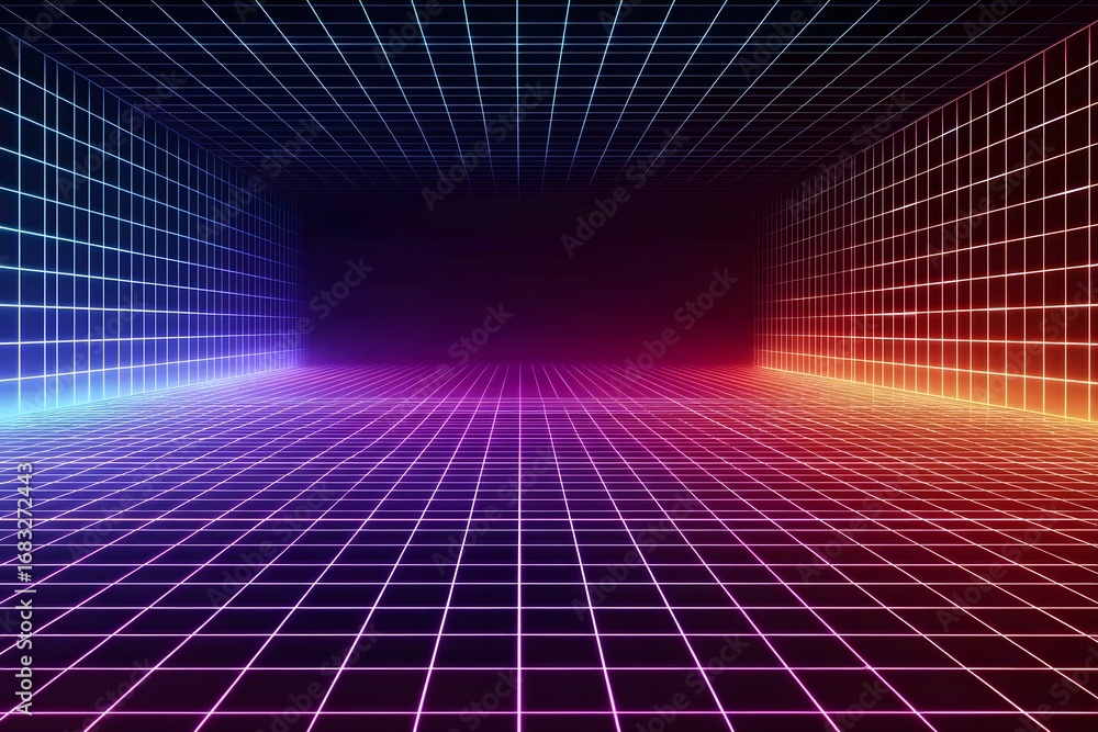 Poster a grid of neon lines on an empty background, creating the illusion that you can see into another wor