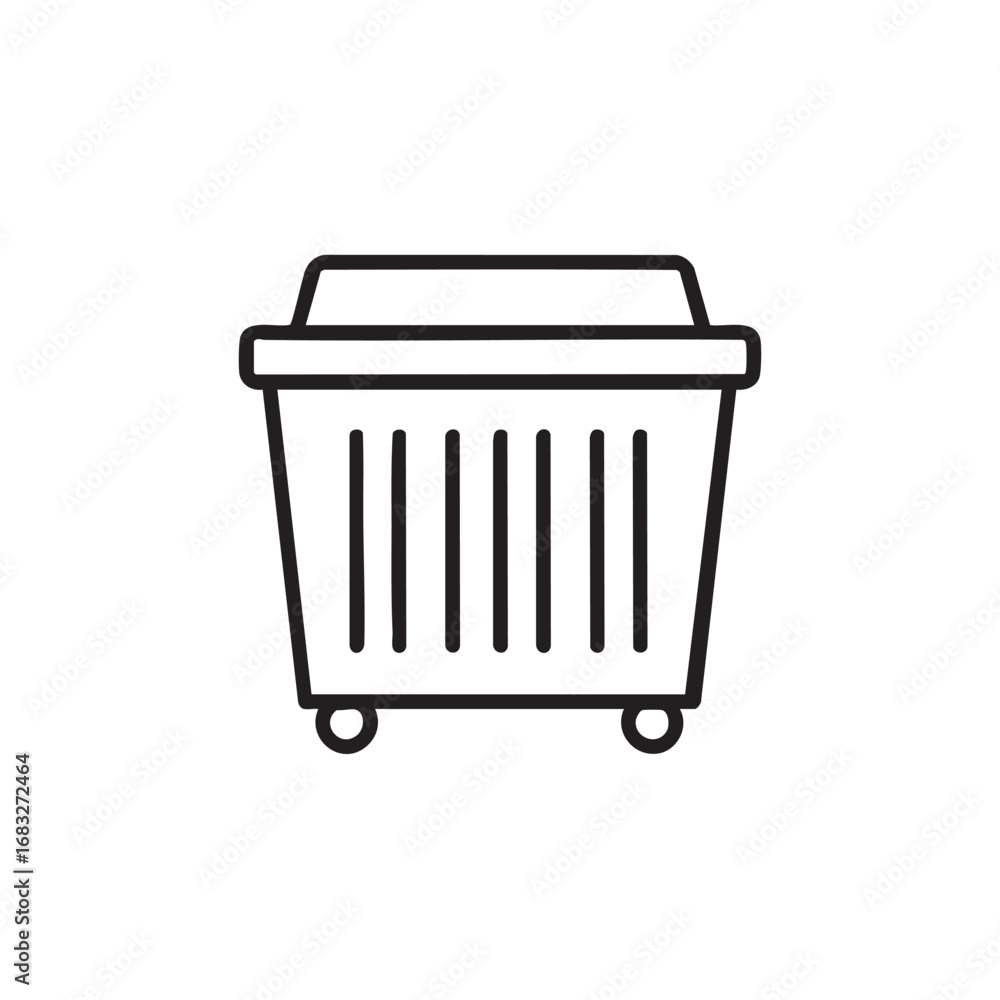Poster a simple line drawing of a trash can on wheels.