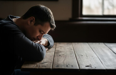 Obraz premium Man Resting Head on Arms at Wooden Table by Window, Depression and Loneliness