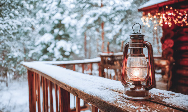 Cozy lantern on a snowy deck beside a rustic cabin in a winter forest setting - Powered by Adobe