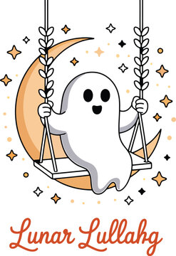 Ghost swinging on moon with stars night