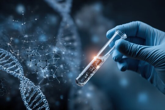 Hand holding a test tube with liquid, abstract DNA and molecular structures