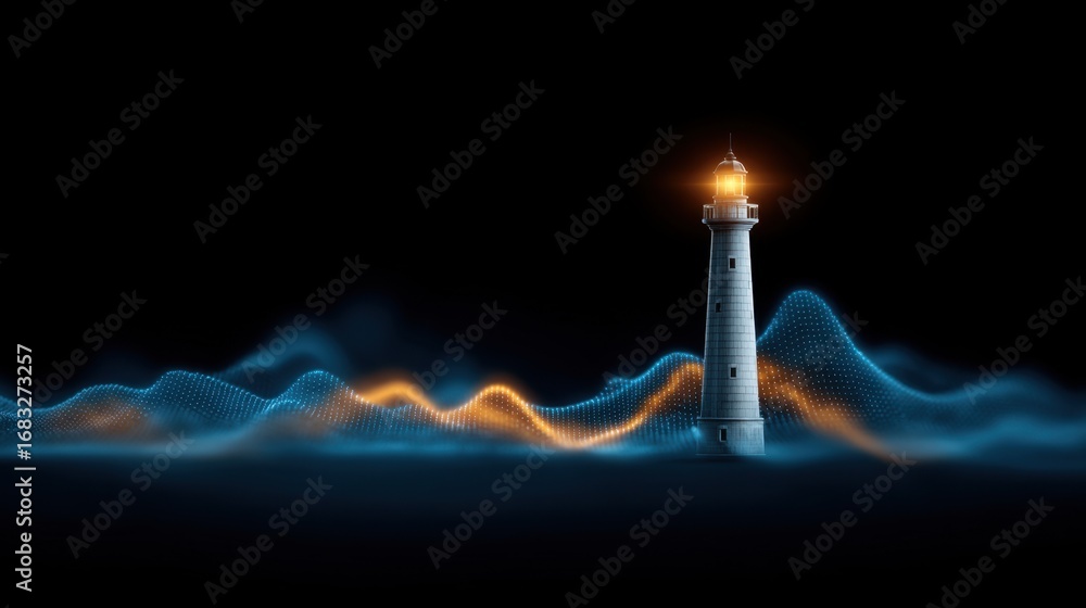 Aufkleber digital artwork of a lighthouse illuminated at night with glowing waves and abstract soundwaves in v