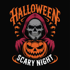 Fototapeta premium Grim reaper holding pumpkin with halloween text skull