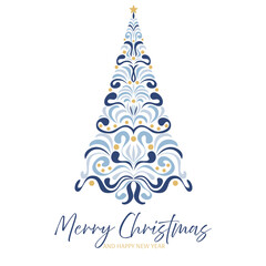 Merry Christmas. Minimalist holidays square poster with geometric new year tree. Modern universal template, holiday cards or invitations in modern line art style