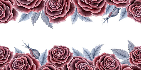 Seamless horizontal border, frame with red roses and grey leaves. Watercolor illustration for printing and packaging.