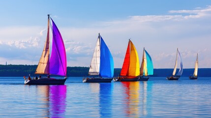 Fototapeta premium Colorful sailboats racing across a serene lake under a clear blue sky with distant hills visible