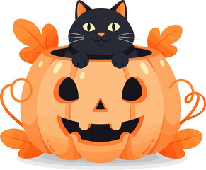 A cute black cat wearing a witch hat sits atop a smiling jack o' lantern decorated with autumn leaves for a festive Halloween scene.