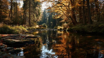 Scenic landscape with a calm river flowing through a colorful autumn forest