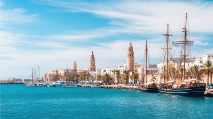 Scenic waterfront view showcasing sailboats and historic buildings under a clear blue sky