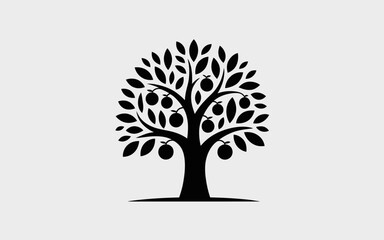 Obraz premium Minimalist black silhouette of a tree with a thick trunk, branches full of leaves and small fruits. Flat vector icon style,