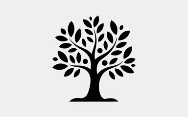 Fototapeta premium Minimalist black silhouette of a tree with a thick trunk, branches full of leaves and small fruits. Flat vector icon style,