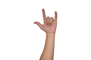 Human gesturing hand sign on white background. man hand symbol hip hop YO sign on white background....