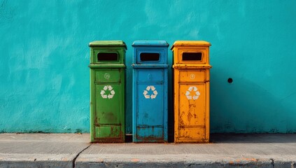 Three colored recycling bins against a teal wall (1)
