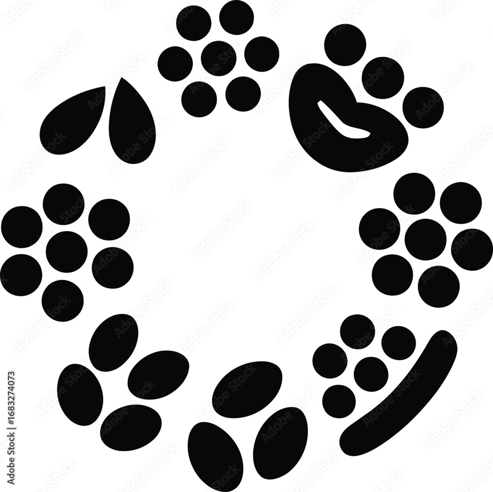 Poster abstract circular pattern of black dots and oval shapes on white background