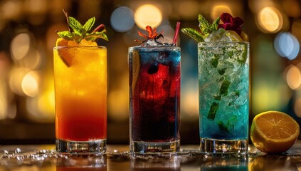 Vibrant cocktails displayed on a bar