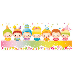 Cheerful kids in bright costumes smiling behind a rainbow border with hearts and butterflies. Vector colorful banner illustration.
