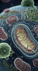 Highly detailed 3D visualization of a biological cell interior with mitochondria, endoplasmic reticulum, and complex organelles, scientific microbiology illustration with glowing particles energy flow