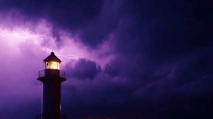 Majestic lighthouse standing tall against a stormy sky illuminated by lightning in the background