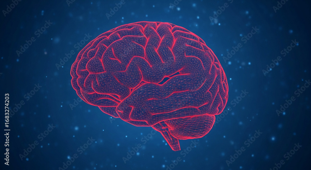 Poster red wireframe brain model on dark-blue background with subtle sparkle, showcasing intelligence, neur