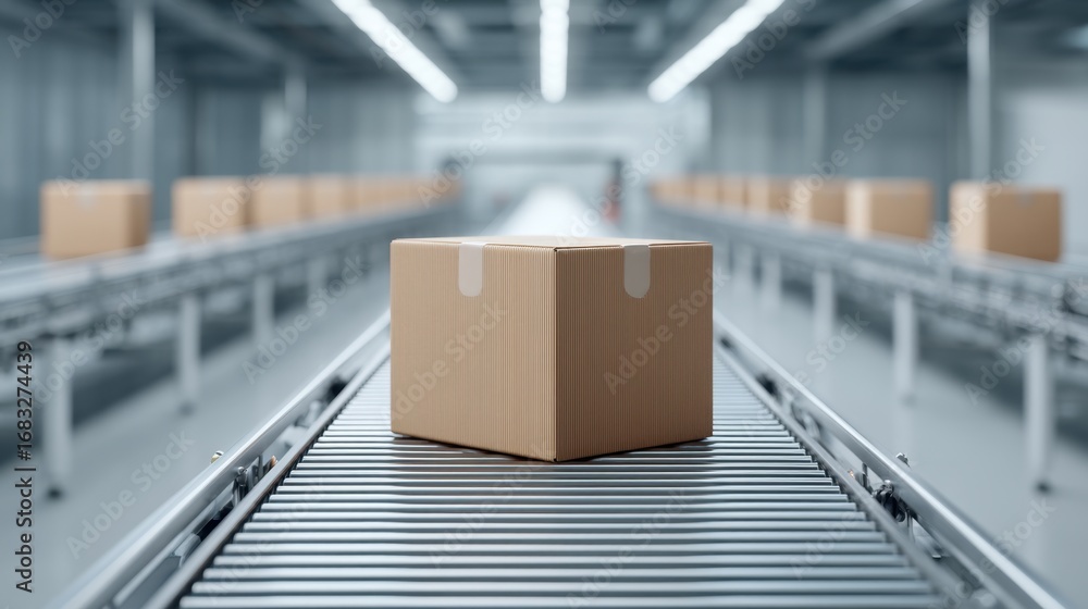 Poster cardboard box on conveyor belt in modern warehouse setting illustrating efficient logistics and dist