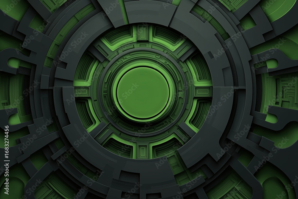 Poster futuristic architectural abstraction with green and dark gray shapes, intricate shadows creating dim