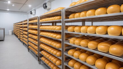 Freshly Baked Bread on Shelves in Modern Bakery Storage Room Organized by Neat Rows for Quality Control and Retail Display Purpose