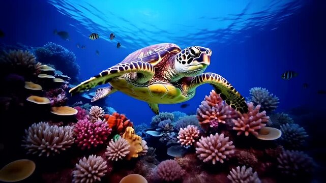 A vivid underwater scene featuring a turtle swimming amidst coral formations. The turtles shell is detailed with intricate patterns, and its flippers are prominently displayed.