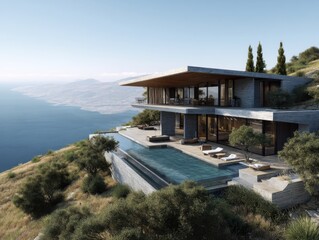 Fototapeta premium A large house with a pool and a view of the ocean. The house is on a hill