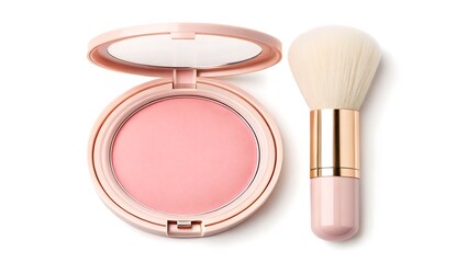 Pink blush powder with makeup brush isolated on white background
