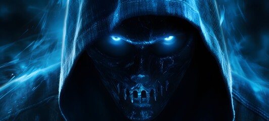 The black background contrasts sharply with the bright blue silver light emitted by grim reaper ,generative AI