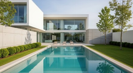 Fototapeta premium Modern luxury residence featuring a rectangular swimming pool and lush green landscaping under a bright sky