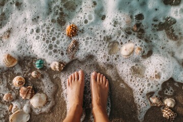 Bare feet on a beach, surrounded by shells and foamy waves
