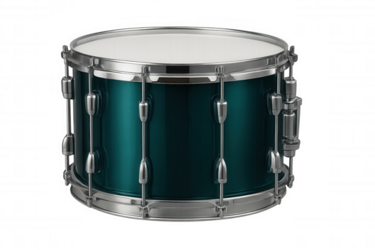 Teal snare drum featuring polished chrome hardware, showcasing sleek percussion instrument design against transparent backdrop
