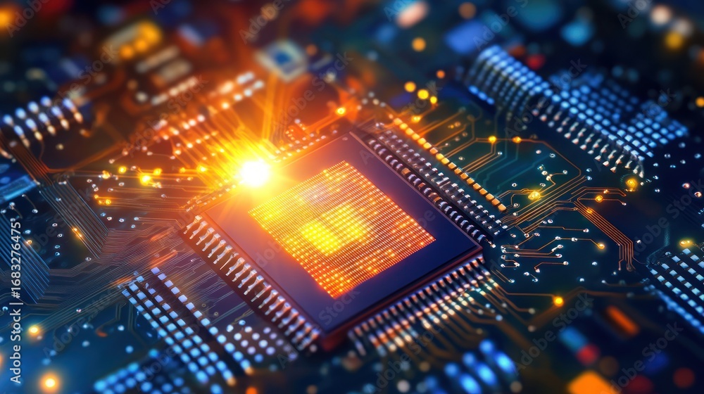 Poster close-up view of a glowing circuit board, highlighting the central processor unit