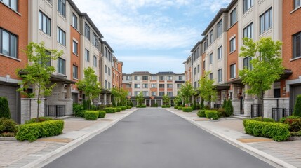 Obraz premium Serene view of a modern residential street lined with elegant townhomes and lush greenery under a bright blue sky