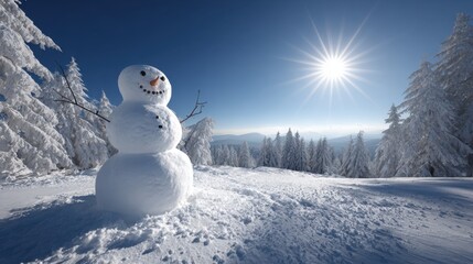 Snowman in Winter Landscape Under Bright Blue Sky and Sunlight